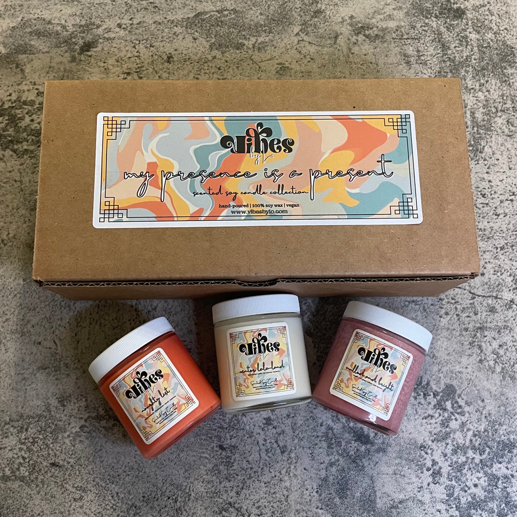My Presence Is A Present Gift Set | 4oz Scented Soy Candle Collection with Naughty List, Winter Lolo-land & Mulled and Bright